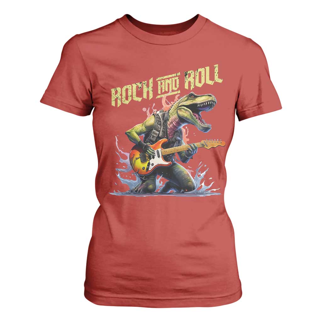 Rock And Roll T Shirt For Women Funny Dionasaur Playing Guitar TS14 Red Print Your Wear