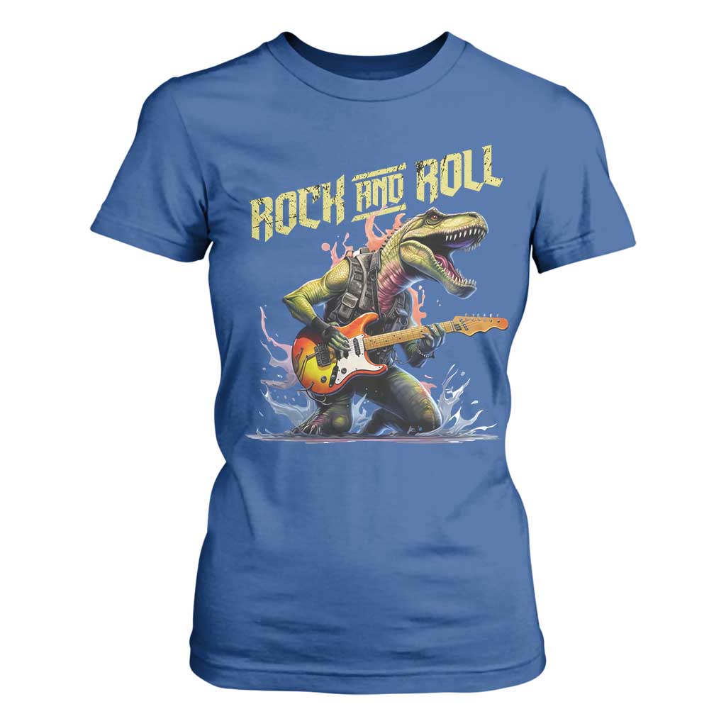 Rock And Roll T Shirt For Women Funny Dionasaur Playing Guitar TS14 Royal Blue Print Your Wear