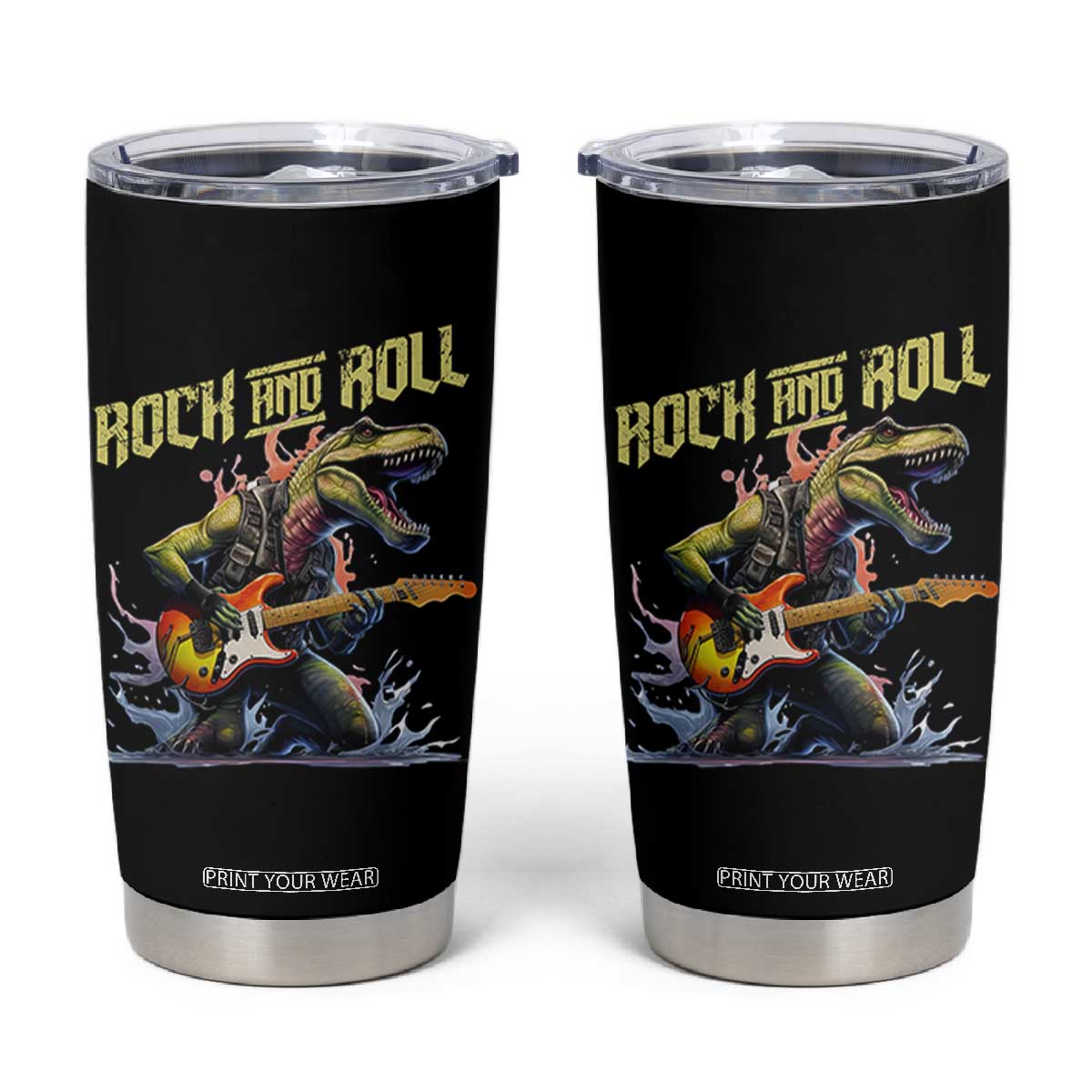 Rock And Roll Tumbler Cup Funny Dionasaur Playing Guitar TS14 Black Print Your Wear