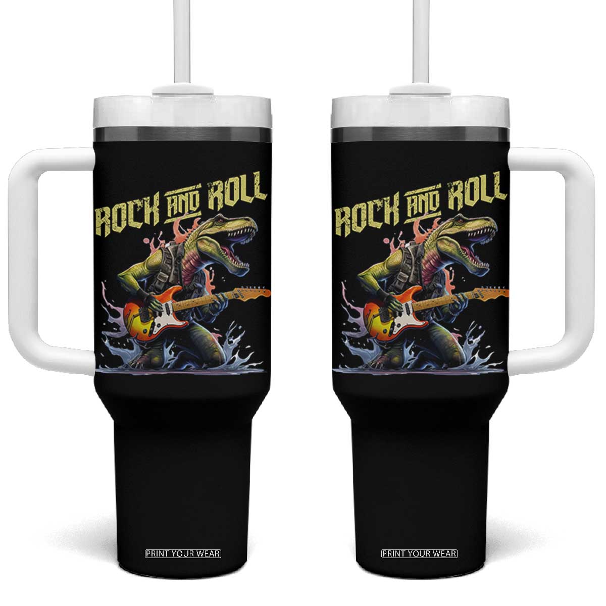 Rock And Roll Tumbler With Handle Funny Dionasaur Playing Guitar TS14 One Size: 40 oz Black Print Your Wear
