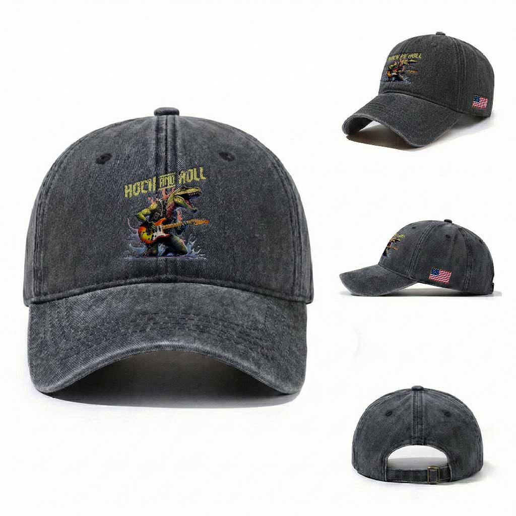 Rock And Roll Washed Cotton Baseball Cap Funny Dionasaur Playing Guitar TS14 Washed Cap Universal Fit Dark Gray Print Your Wear
