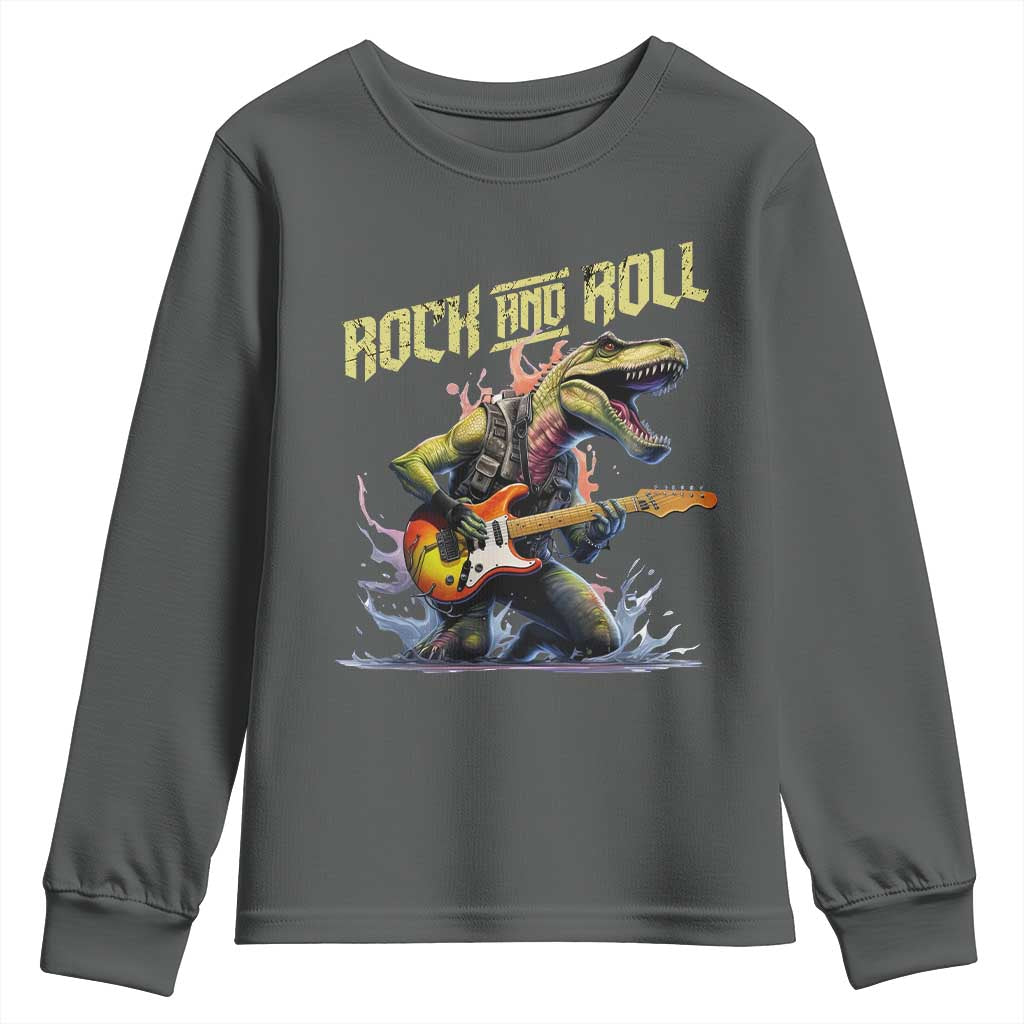 Rock And Roll Youth Sweatshirt Funny Dionasaur Playing Guitar TS14 Dark Heather Print Your Wear