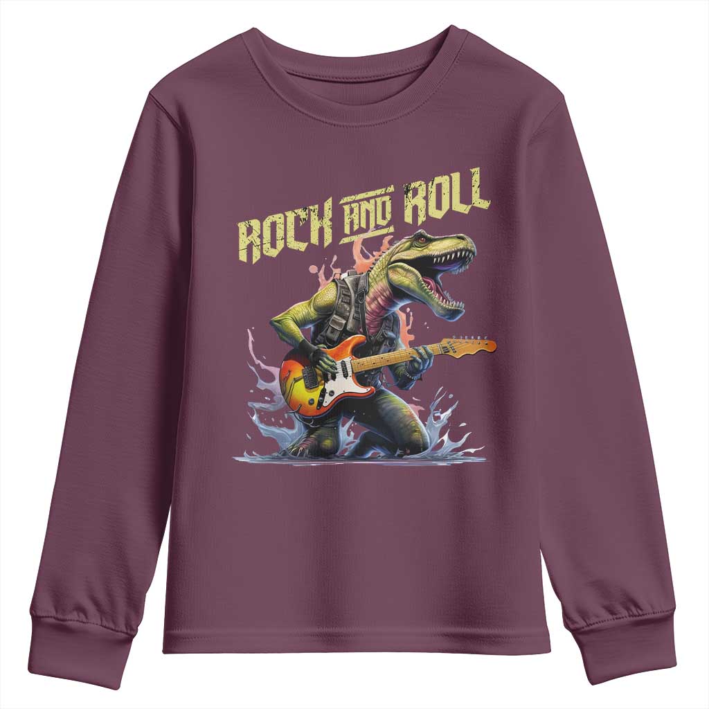 Rock And Roll Youth Sweatshirt Funny Dionasaur Playing Guitar TS14 Maroon Print Your Wear