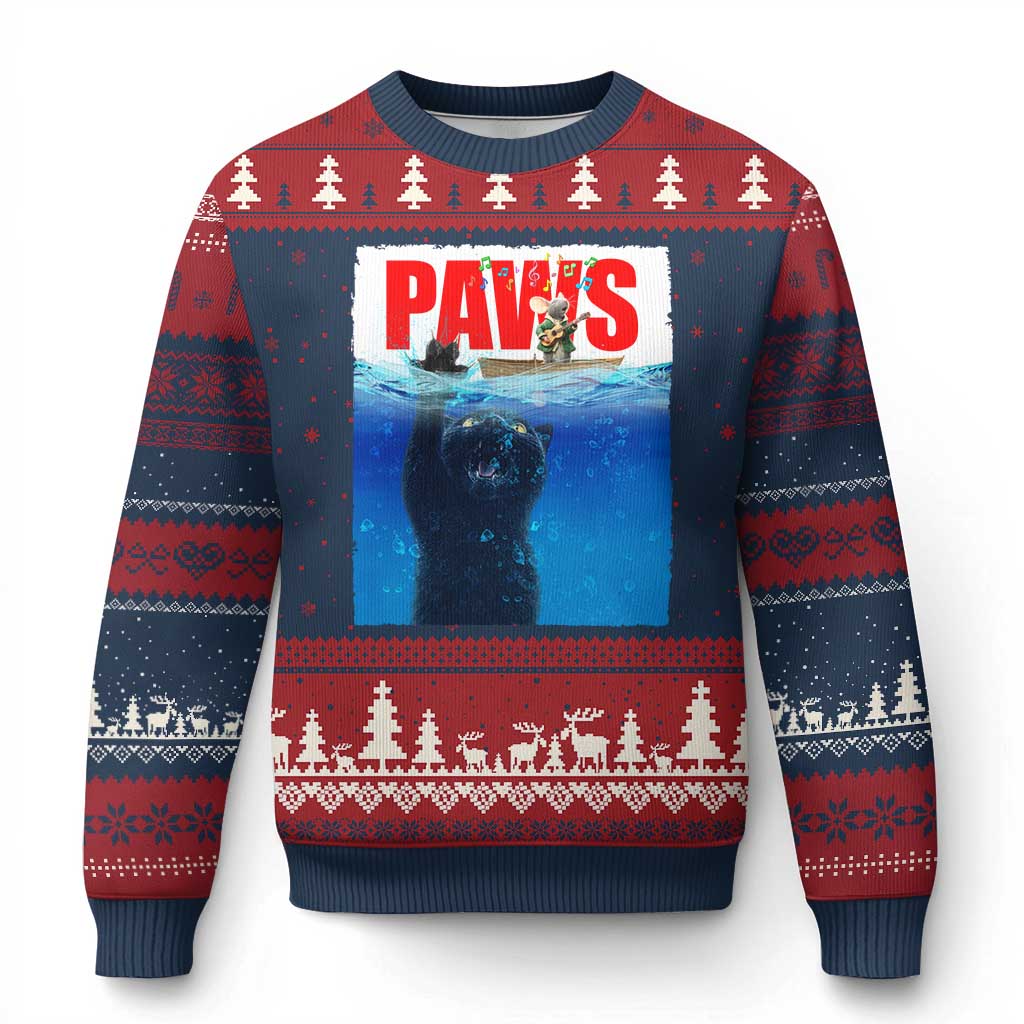 Funny Black Cat Ugly Christmas Sweater PAWS Parody Kitten Mouse Humorous - Print Your Wear