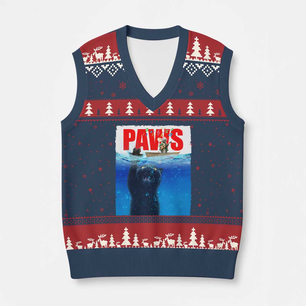 Funny Black Cat V-Neck Knit Sweater Vest PAWS Parody Kitten Mouse Humorous TS14 Navy Red Print Your Wear
