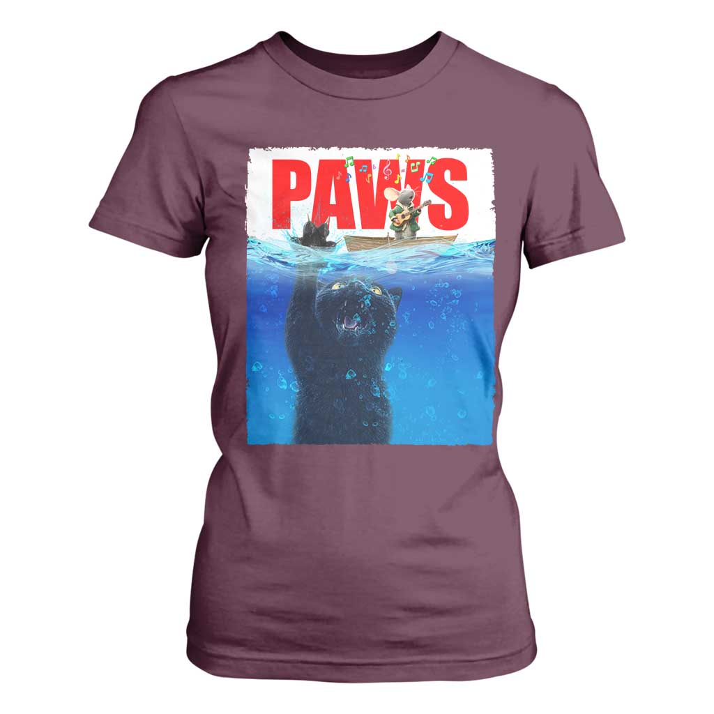 Funny Black Cat T Shirt For Women PAWS Parody Kitten Mouse Humorous TS14 Maroon Print Your Wear