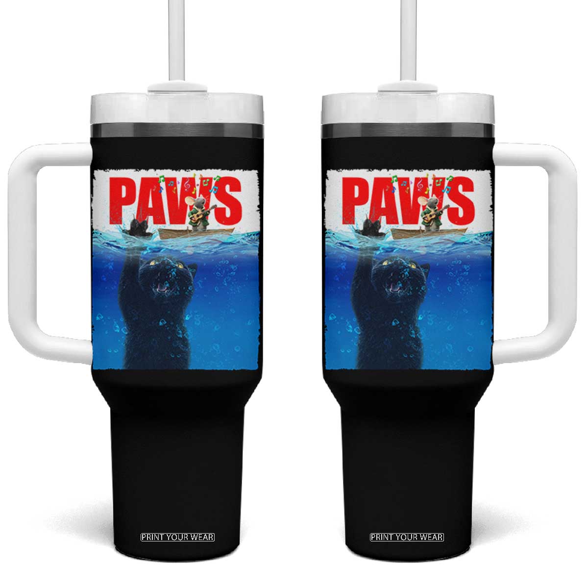 Funny Black Cat Tumbler With Handle PAWS Parody Kitten Mouse Humorous - Print Your Wear