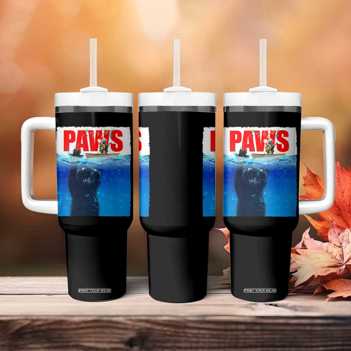 Funny Black Cat Tumbler With Handle PAWS Parody Kitten Mouse Humorous TS14 Print Your Wear