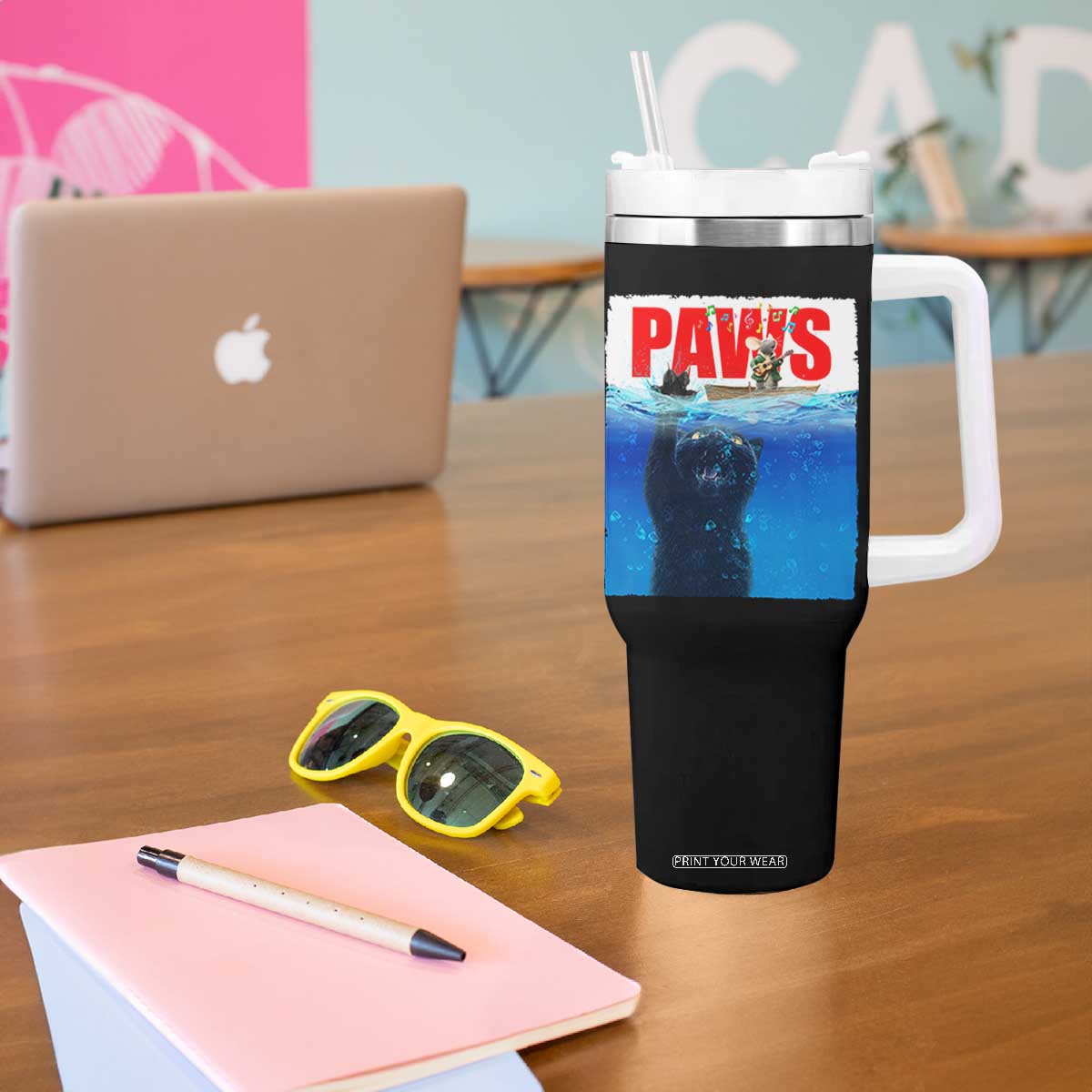 Funny Black Cat Tumbler With Handle PAWS Parody Kitten Mouse Humorous TS14 Print Your Wear