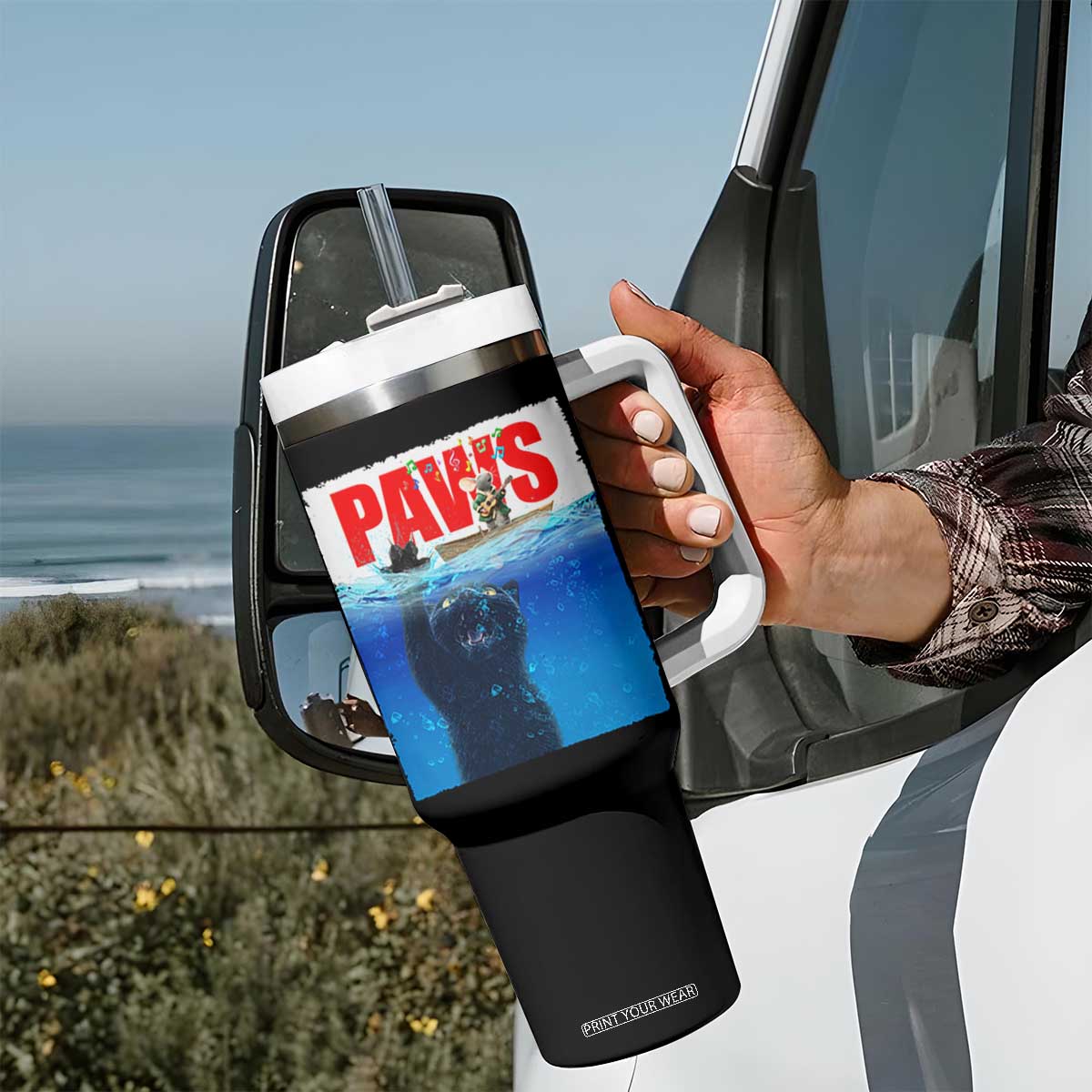 Funny Black Cat Tumbler With Handle PAWS Parody Kitten Mouse Humorous TS14 Print Your Wear