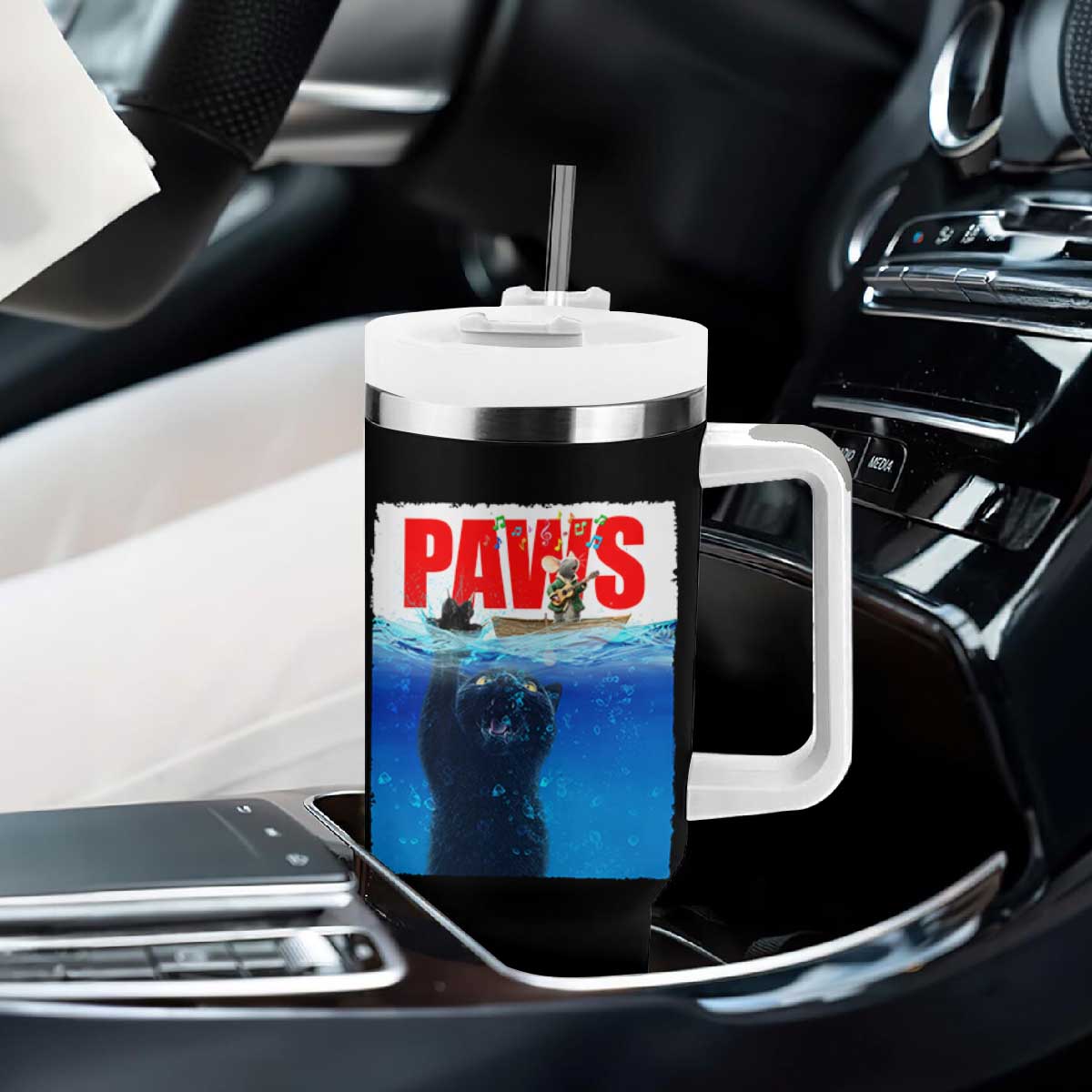Funny Black Cat Tumbler With Handle PAWS Parody Kitten Mouse Humorous - Print Your Wear