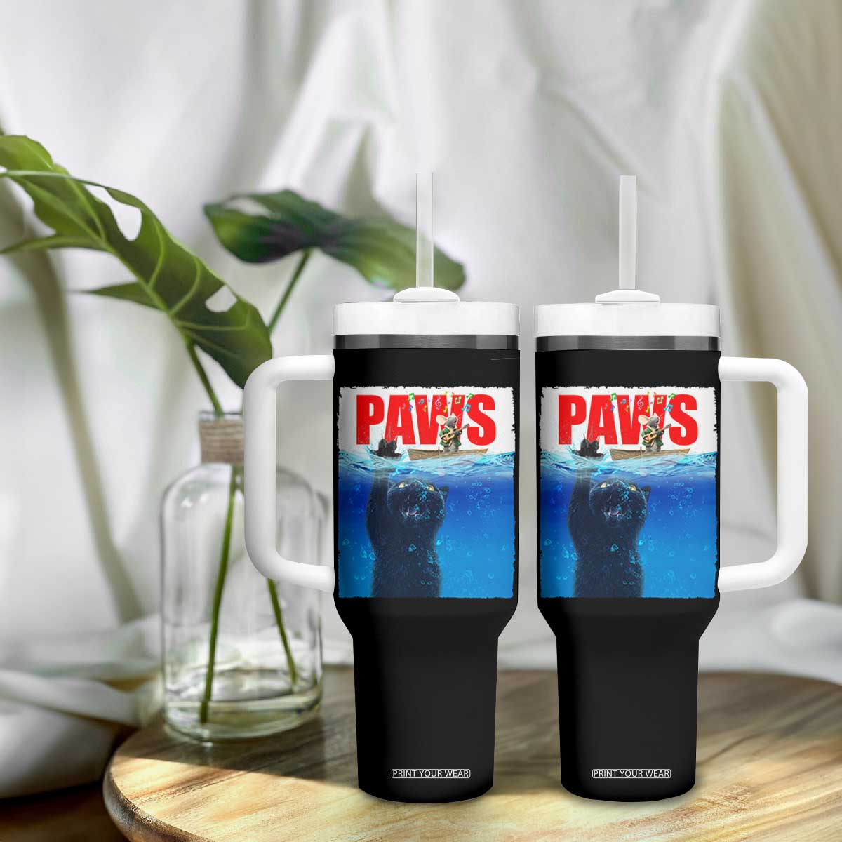 Funny Black Cat Tumbler With Handle PAWS Parody Kitten Mouse Humorous - Print Your Wear