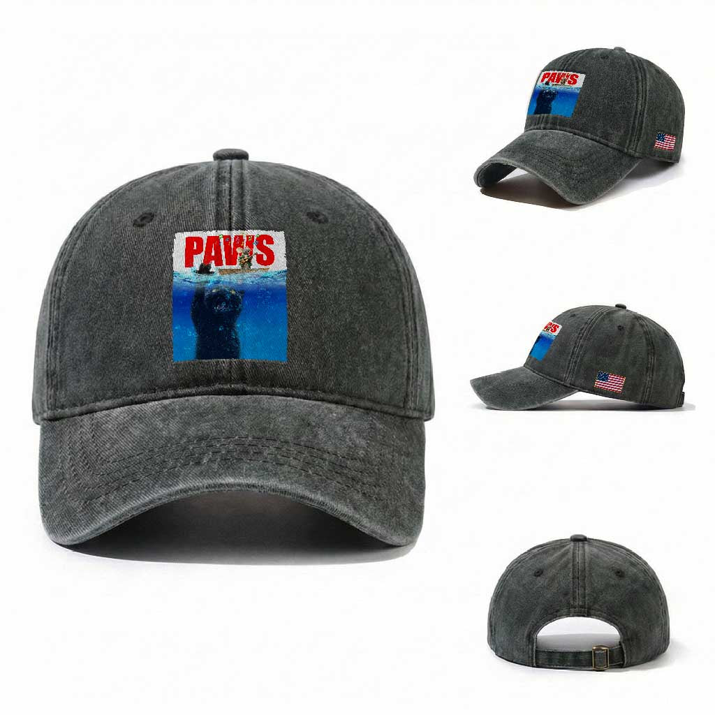 Funny Black Cat Washed Cotton Baseball Cap PAWS Parody Kitten Mouse Humorous TS14 Washed Cap Universal Fit Dark Green Print Your Wear