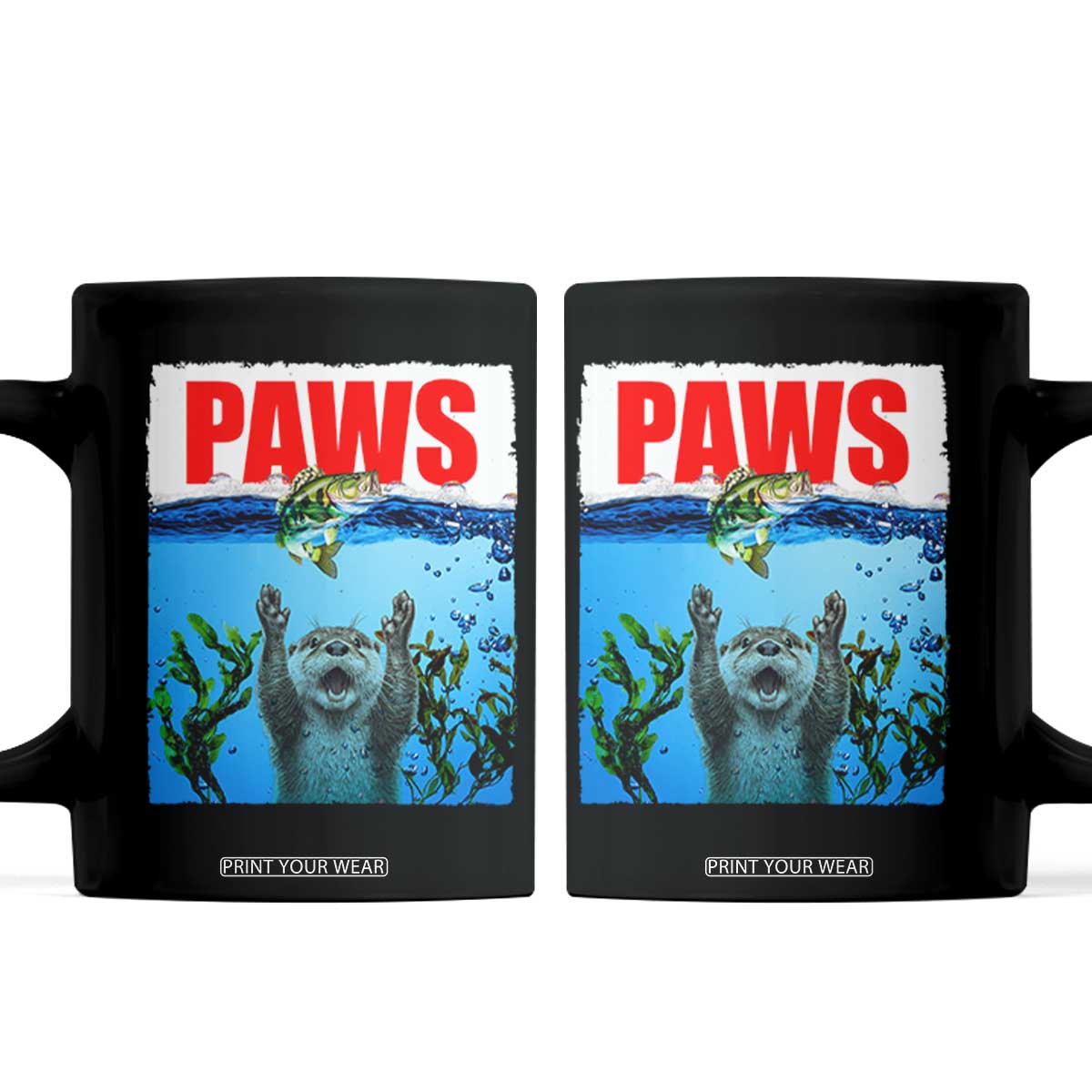 Paws Parody Coffee Mug Otter Chasing Bass Fish Ocean TS14 Black Print Your Wear