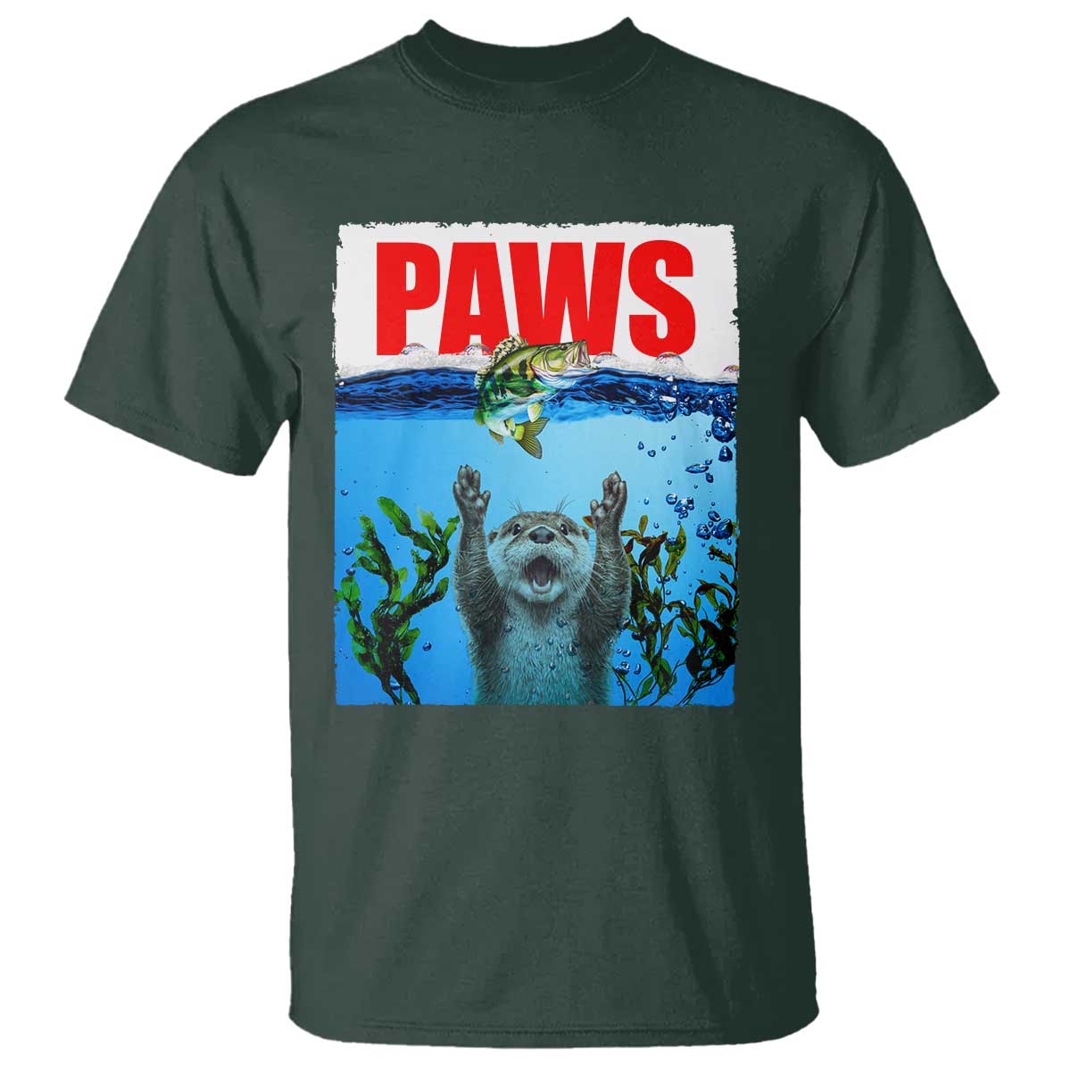 Paws Parody T Shirt Otter Chasing Bass Fish Ocean TS14 Dark Forest Green Print Your Wear