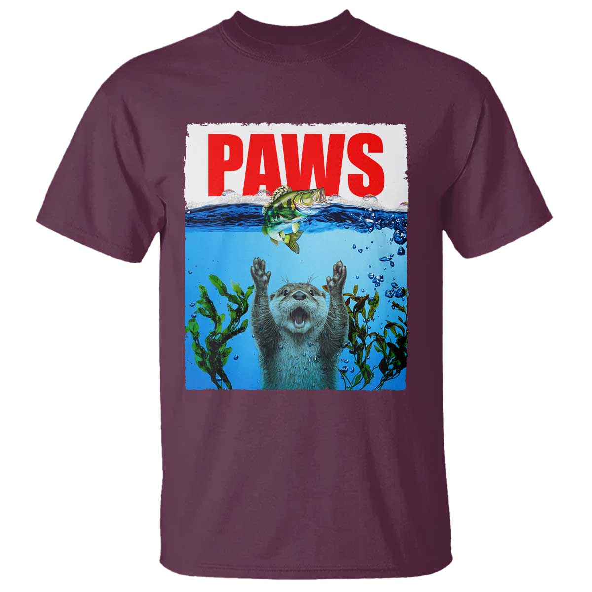 Paws Parody T Shirt Otter Chasing Bass Fish Ocean TS14 Maroon Print Your Wear
