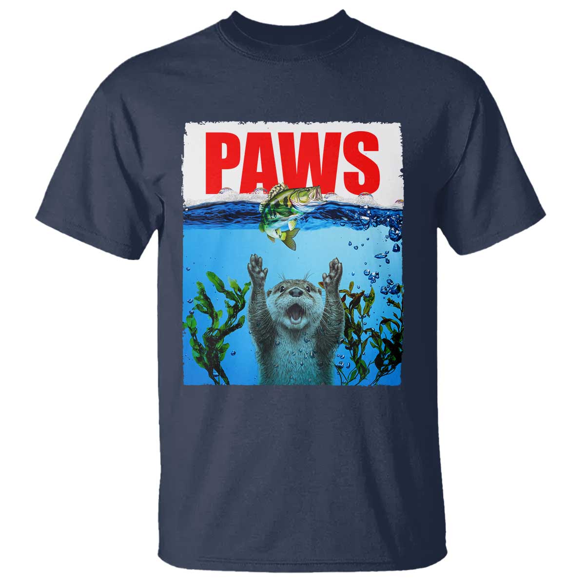 Paws Parody T Shirt Otter Chasing Bass Fish Ocean TS14 Navy Print Your Wear