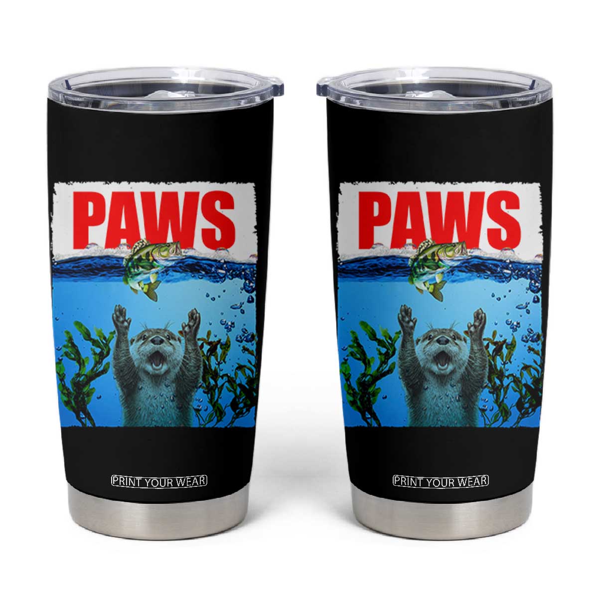 Paws Parody Tumbler Cup Otter Chasing Bass Fish Ocean TS14 Black Print Your Wear
