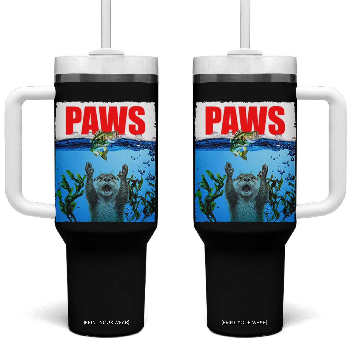 Paws Parody Tumbler With Handle Otter Chasing Bass Fish Ocean TS14 One Size: 40 oz Black Print Your Wear