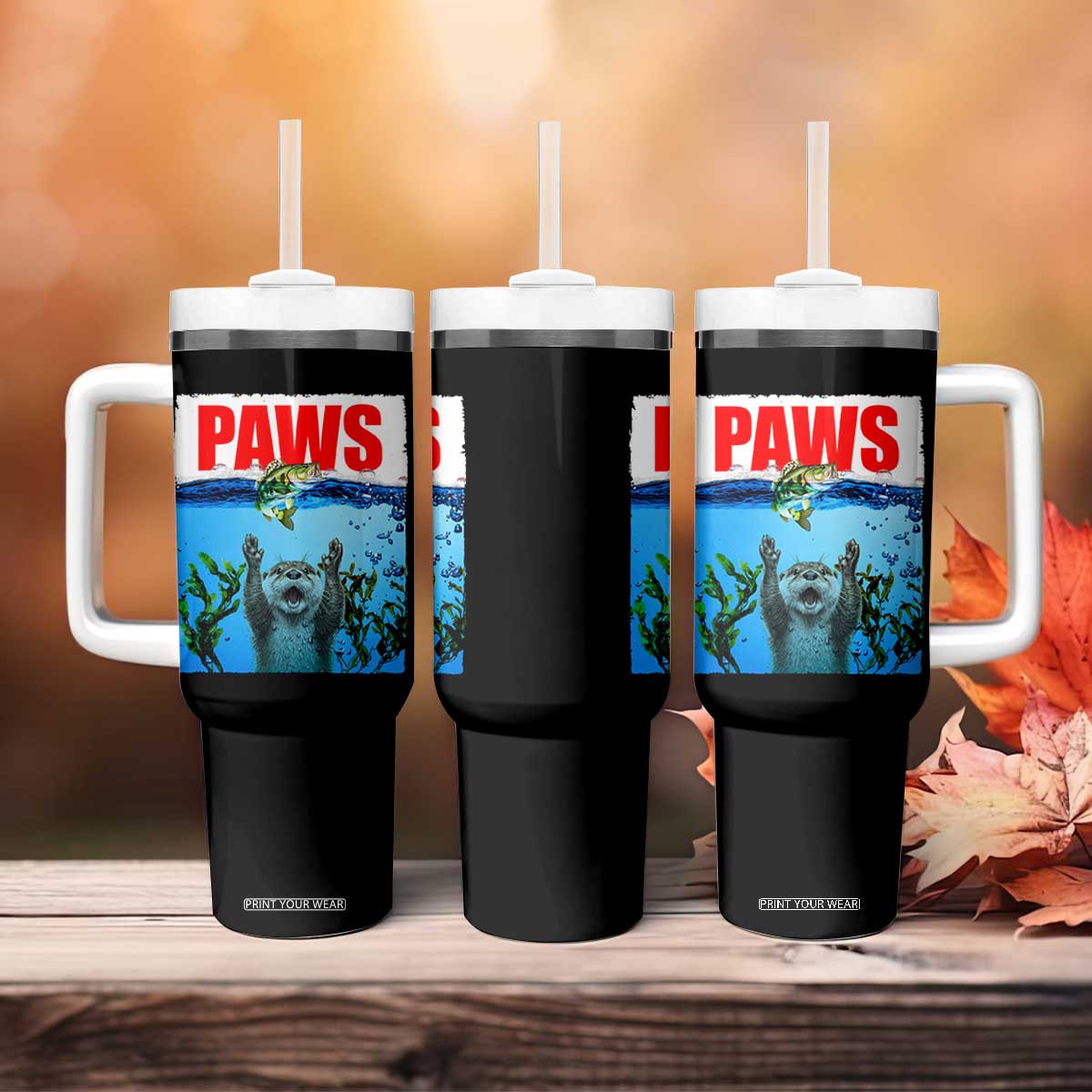 Paws Parody Tumbler With Handle Otter Chasing Bass Fish Ocean TS14 Print Your Wear