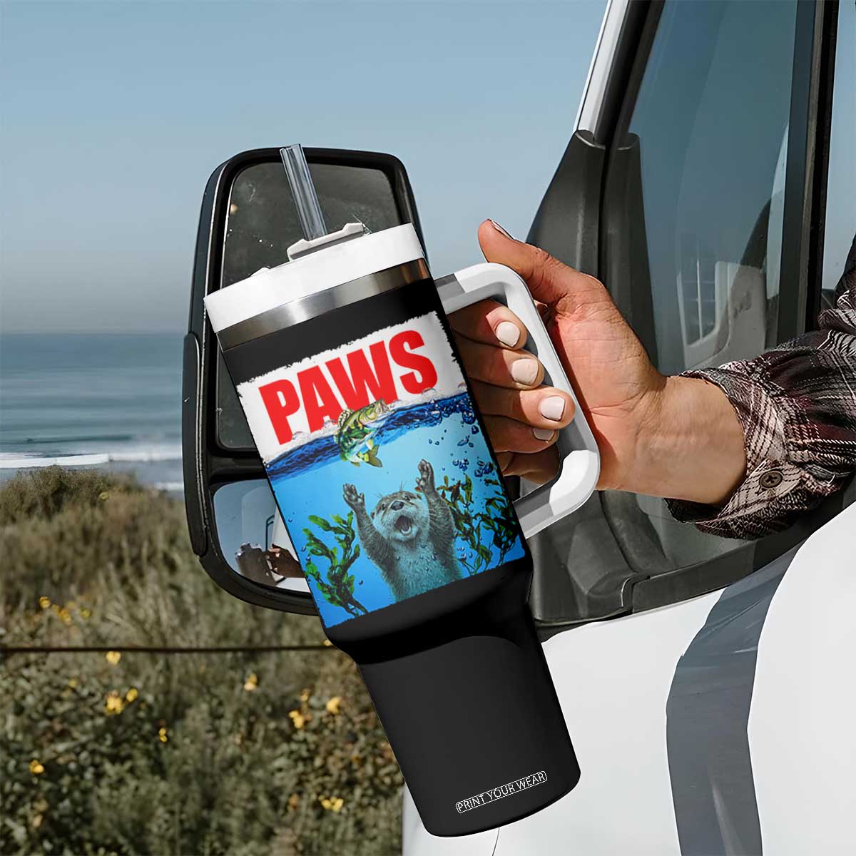 Paws Parody Tumbler With Handle Otter Chasing Bass Fish Ocean TS14 Print Your Wear