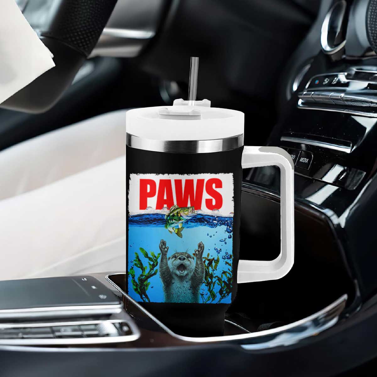 Paws Parody Tumbler With Handle Otter Chasing Bass Fish Ocean TS14 Print Your Wear