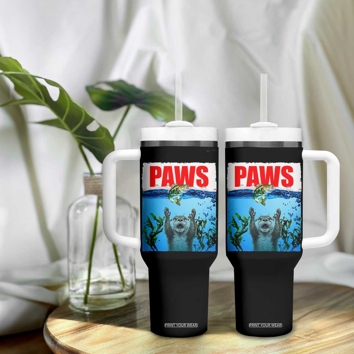 Paws Parody Tumbler With Handle Otter Chasing Bass Fish Ocean TS14 Print Your Wear