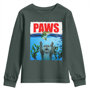 Paws Parody Youth Sweatshirt Otter Chasing Bass Fish Ocean TS14 Dark Forest Green Print Your Wear