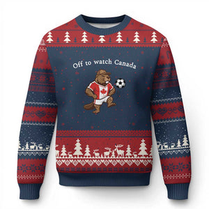 Off to Watch Canada Ugly Christmas Sweater Patriotic Canadian Beaver Football Soccer Fan Gift