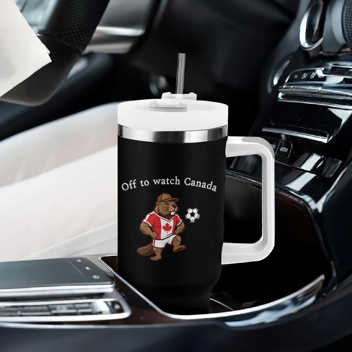 Off to Watch Canada Tumbler With Handle Patriotic Canadian Beaver Football Soccer Fan Gift