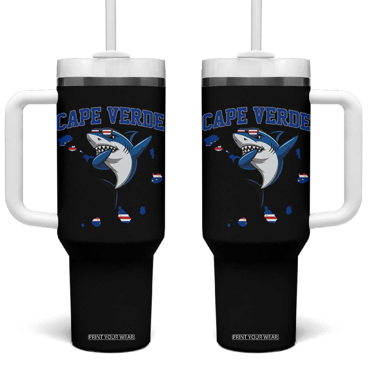 Cape Verde Flag Map Shark Cape Verdean Roots Tumbler With Handle TS14 One Size: 40 oz Black Print Your Wear