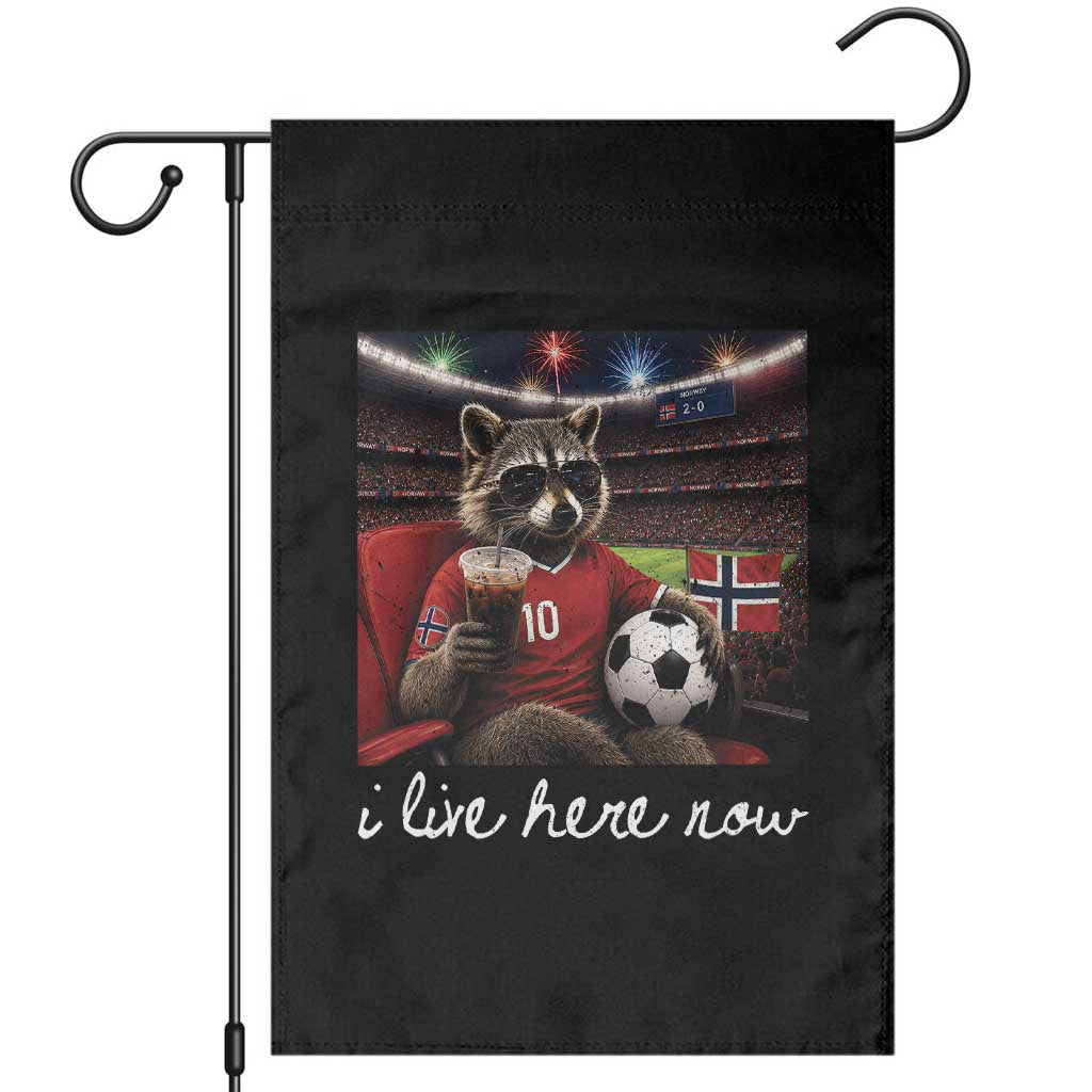 Norway Soccer Football Fan Norge Norwegian Flag Garden Flag Funny Raccoon Drinking Iced Coffee TS14 Black Print Your Wear