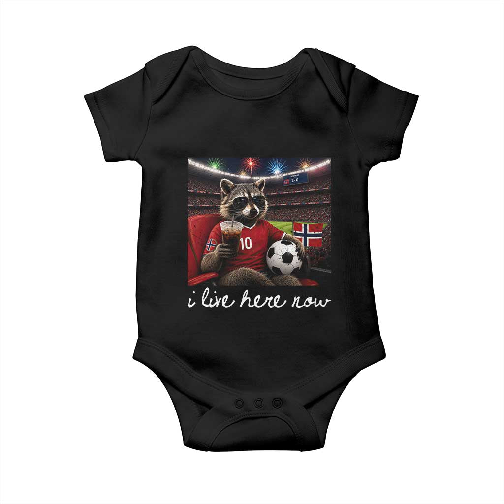 Norway Soccer Football Fan Norge Norwegian Flag Baby Onesie Funny Raccoon Drinking Iced Coffee TS14 Black Print Your Wear
