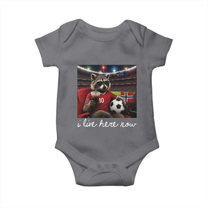 Norway Soccer Football Fan Norge Norwegian Flag Baby Onesie Funny Raccoon Drinking Iced Coffee TS14 Charcoal Print Your Wear