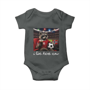 Norway Soccer Football Fan Norge Norwegian Flag Baby Onesie Funny Raccoon Drinking Iced Coffee TS14 Dark Heather Print Your Wear