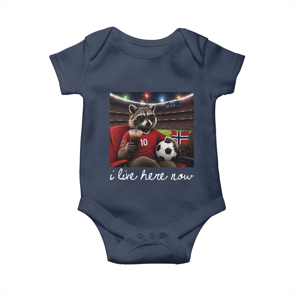 Norway Soccer Football Fan Norge Norwegian Flag Baby Onesie Funny Raccoon Drinking Iced Coffee TS14 Navy Print Your Wear