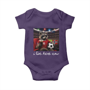 Norway Soccer Football Fan Norge Norwegian Flag Baby Onesie Funny Raccoon Drinking Iced Coffee TS14 Purple Print Your Wear
