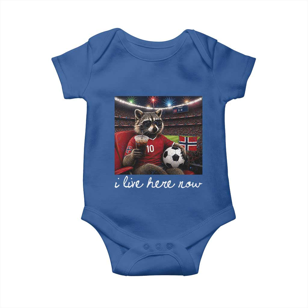 Norway Soccer Football Fan Norge Norwegian Flag Baby Onesie Funny Raccoon Drinking Iced Coffee TS14 Royal Blue Print Your Wear