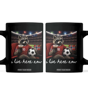 Norway Soccer Football Fan Norge Norwegian Flag Coffee Mug Funny Raccoon Drinking Iced Coffee TS14 Black Print Your Wear