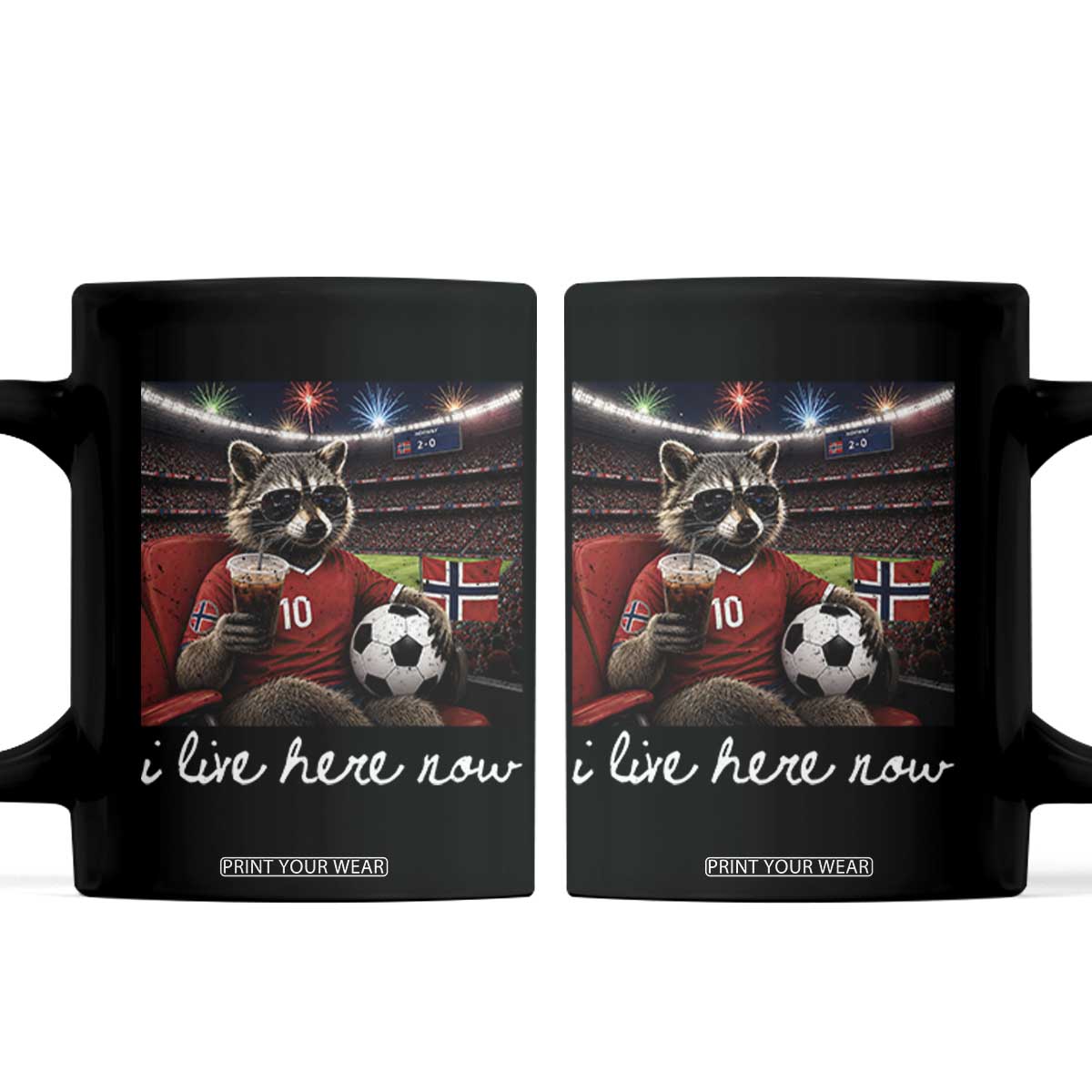 Norway Soccer Football Fan Norge Norwegian Flag Coffee Mug Funny Raccoon Drinking Iced Coffee TS14 Black Print Your Wear