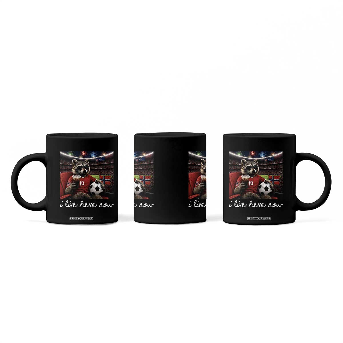 Norway Soccer Football Fan Norge Norwegian Flag Coffee Mug Funny Raccoon Drinking Iced Coffee TS14 Print Your Wear