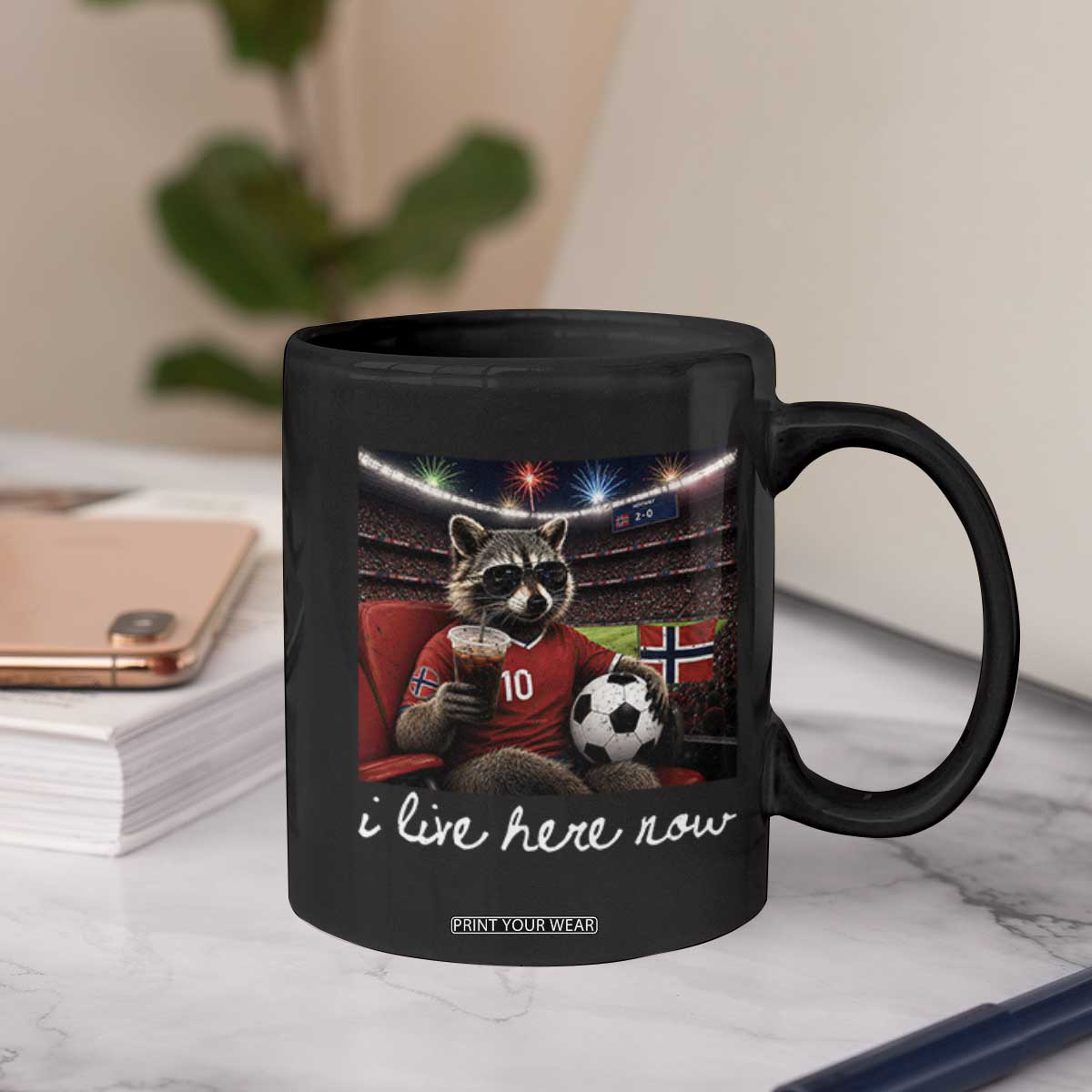 Norway Soccer Football Fan Norge Norwegian Flag Coffee Mug Funny Raccoon Drinking Iced Coffee TS14 Print Your Wear