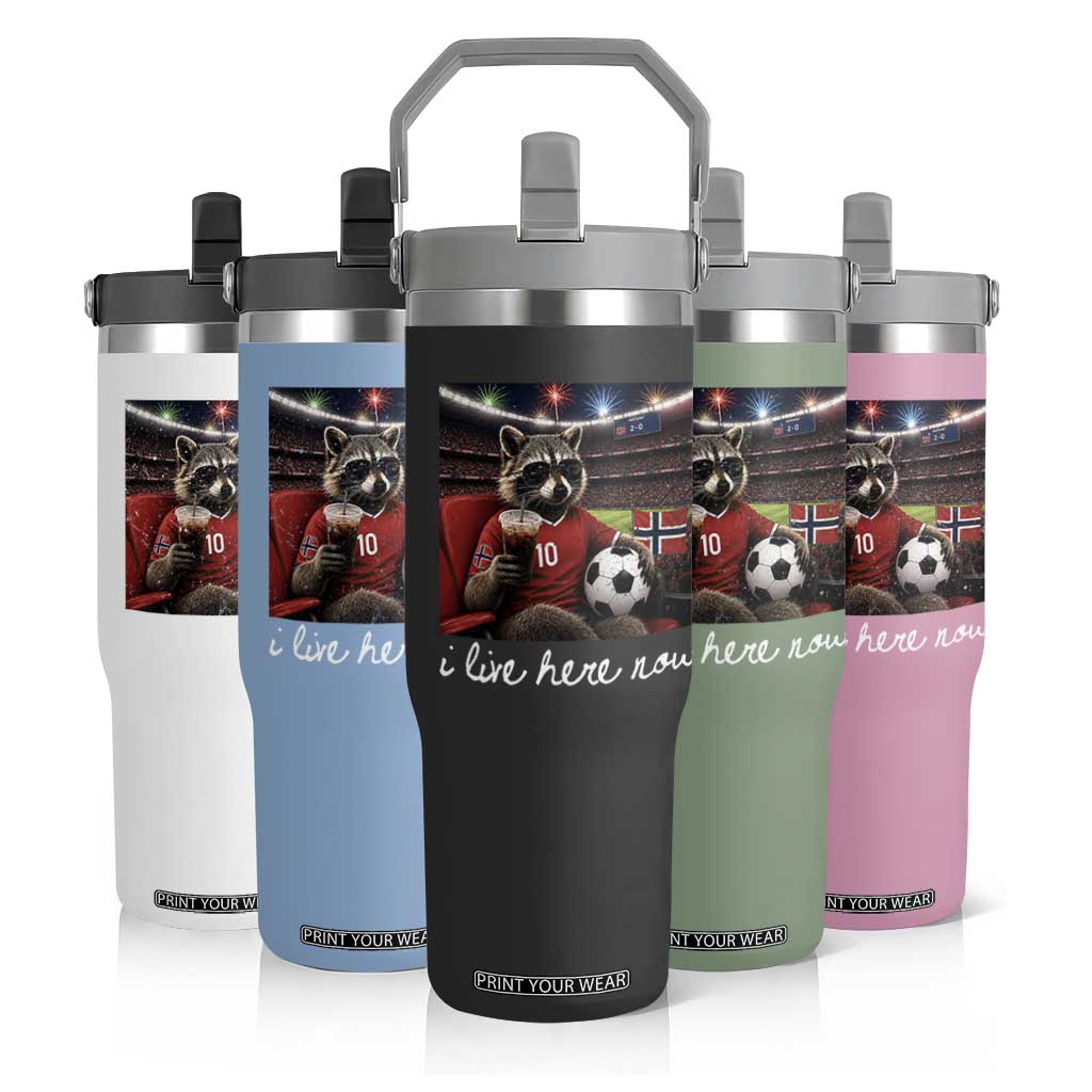 Norway Soccer Football Fan Norge Norwegian Flag Flip Straw Tumbler Funny Raccoon Drinking Iced Coffee TS14 Print Your Wear