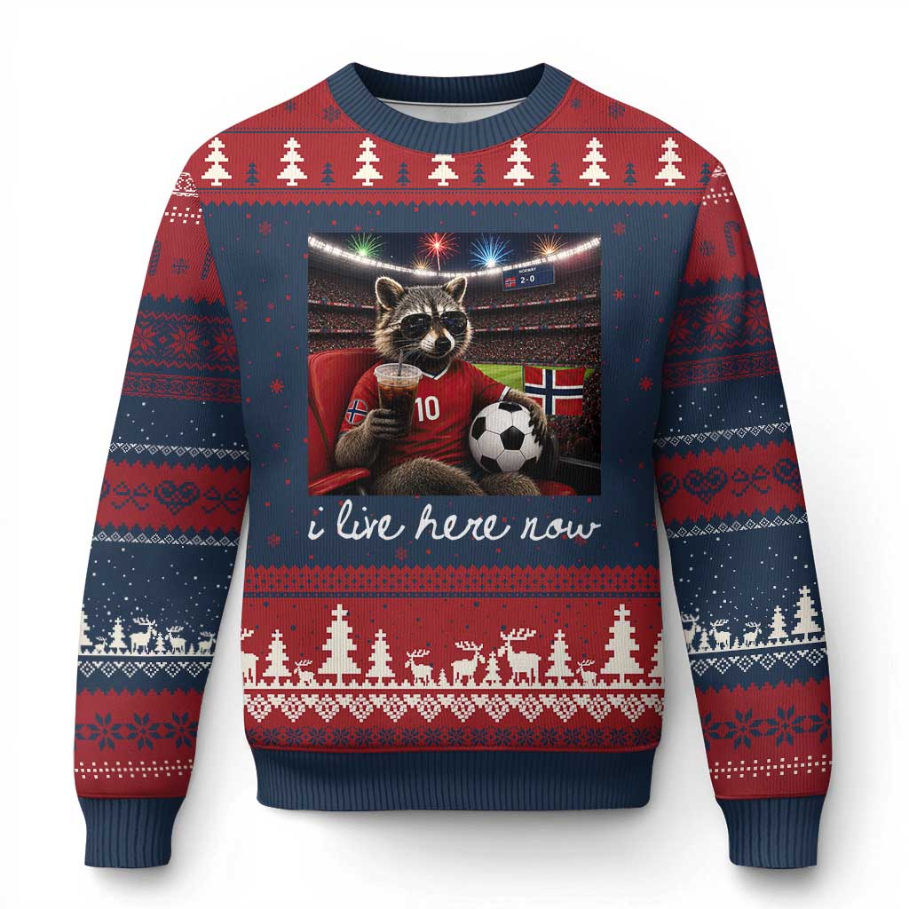 Norway Soccer Football Fan Norge Norwegian Flag Ugly Christmas Sweater Funny Raccoon Drinking Iced Coffee TS14 Navy Red Print Your Wear