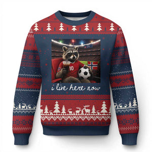 Norway Soccer Football Fan Norge Norwegian Flag Ugly Christmas Sweater Funny Raccoon Drinking Iced Coffee TS14 Navy Red Print Your Wear