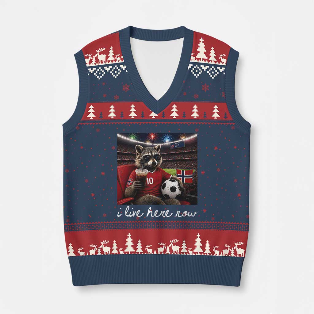 Norway Soccer Football Fan Norge Norwegian Flag V-Neck Knit Sweater Vest Funny Raccoon Drinking Iced Coffee TS14 Navy Red Print Your Wear