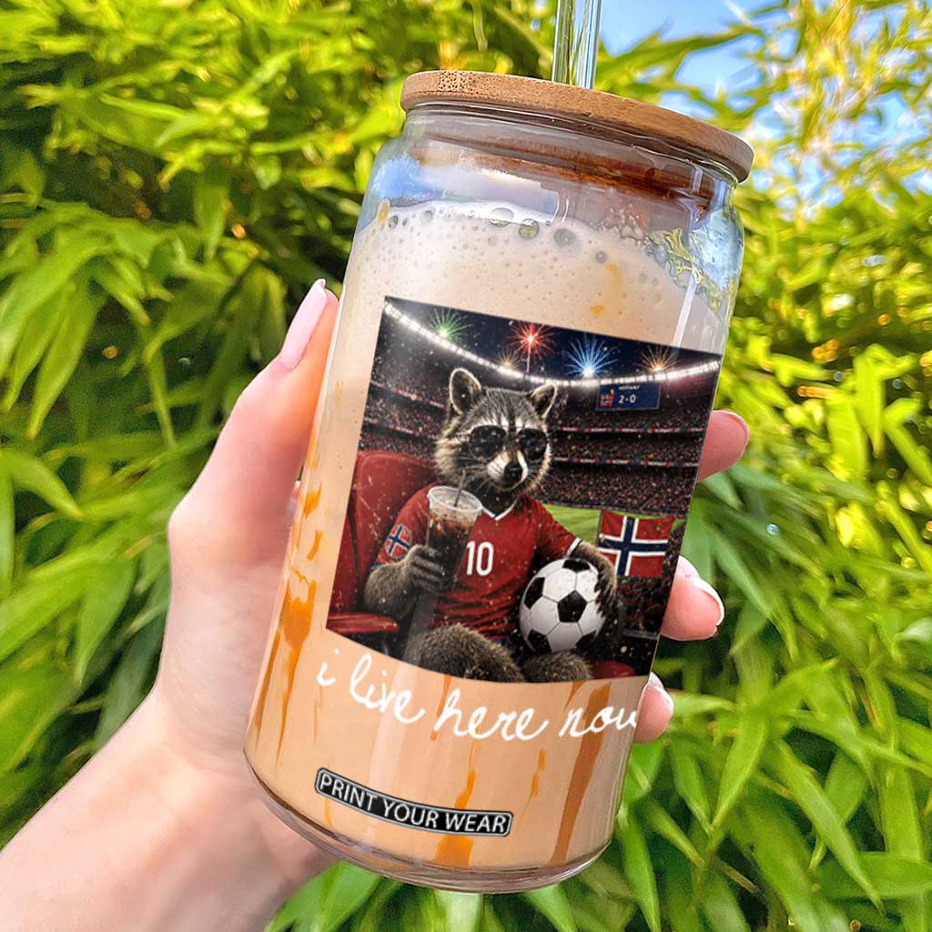Norway Soccer Football Fan Norge Norwegian Flag Glass Can Funny Raccoon Drinking Iced Coffee TS14 Black Print Your Wear