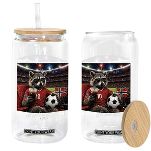 Norway Soccer Football Fan Norge Norwegian Flag Glass Can Funny Raccoon Drinking Iced Coffee TS14 Print Your Wear
