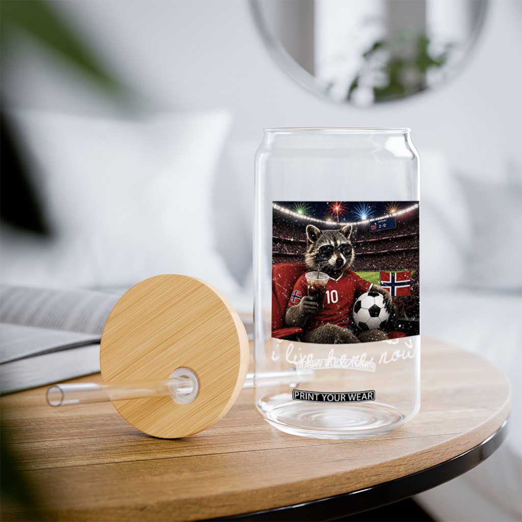 Norway Soccer Football Fan Norge Norwegian Flag Glass Can Funny Raccoon Drinking Iced Coffee TS14 Print Your Wear