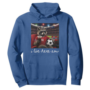 Norway Soccer Football Fan Norge Norwegian Flag Hoodie Funny Raccoon Drinking Iced Coffee TS14 Royal Blue Print Your Wear